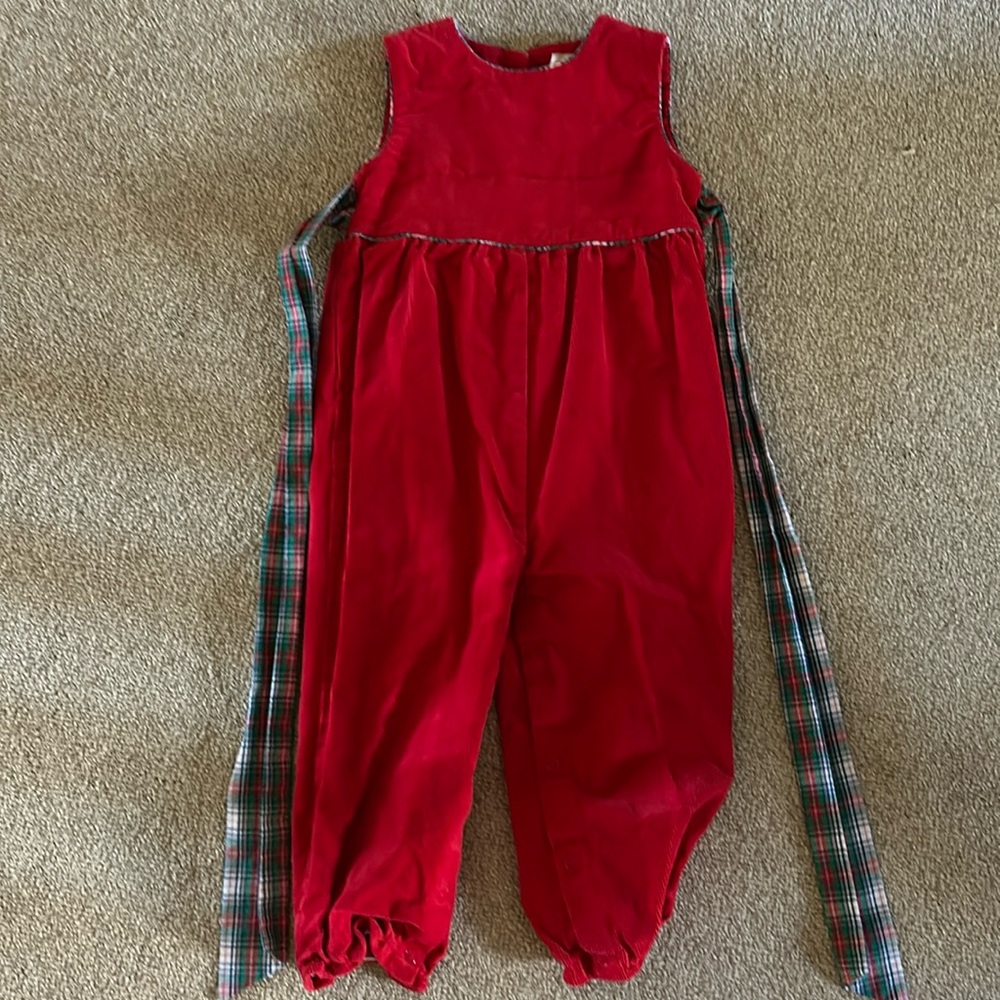 TBBC red corduroy jumper with plaid trim and bow ￼
